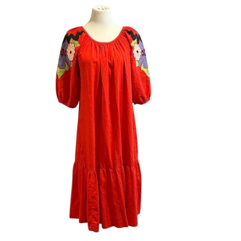 Appel Vintage Floral Embroidered Red Flowing Dress Union Made in USA